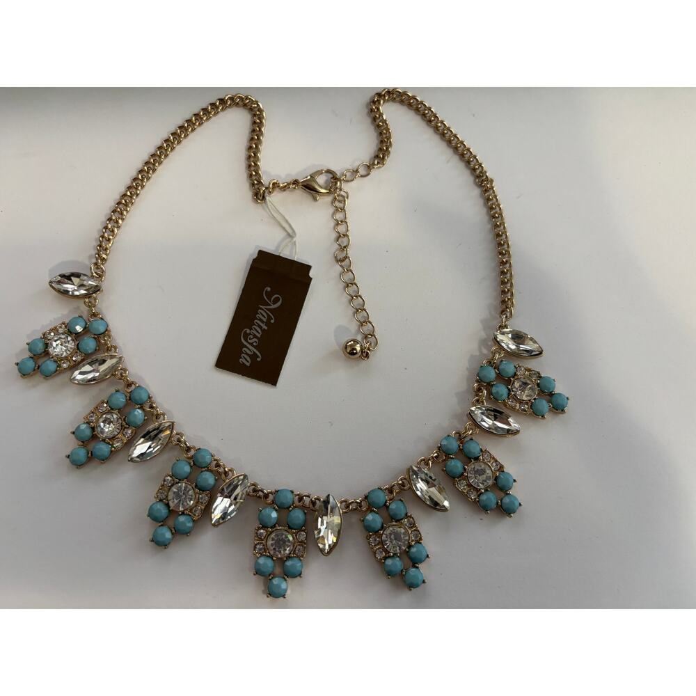 Natasha Statement Necklace Gold Tone Chunky Chain Clear Rhinestones New